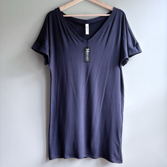 Navy Blue V-neck Jersey T-shirt Dress Short Sleeve Tunic Casual Minimalist S NWT - Picture 2 of 8